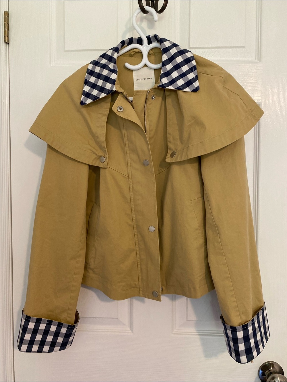 Avec Les Filles Tan Trench Coat with Navy-and-White Gingham Trim
